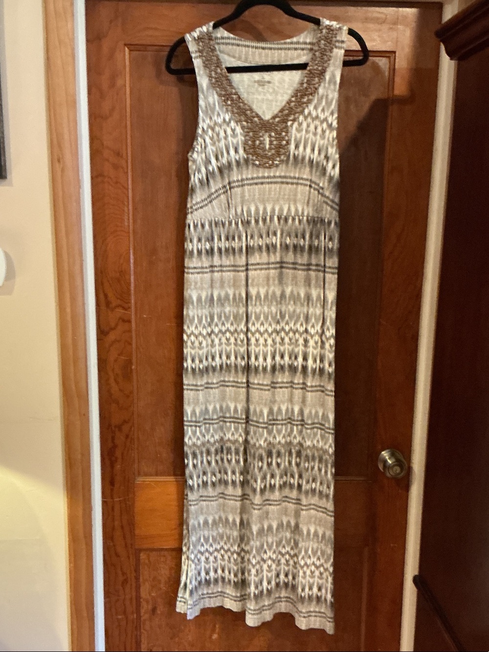 Sleeveless Beige and Brown Patterned Maxi Dress with Embellished Neckline